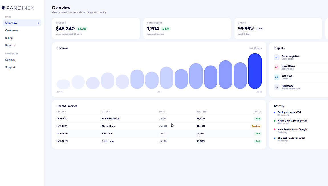 Pandinex client portal dashboard showing revenue, active users, uptime, and project statuses